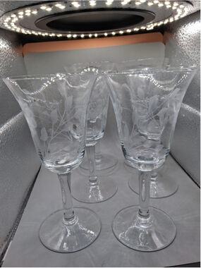Crystal Wine Sherry Glasses Etched Cornflower Leaves Ribbed Set of 6